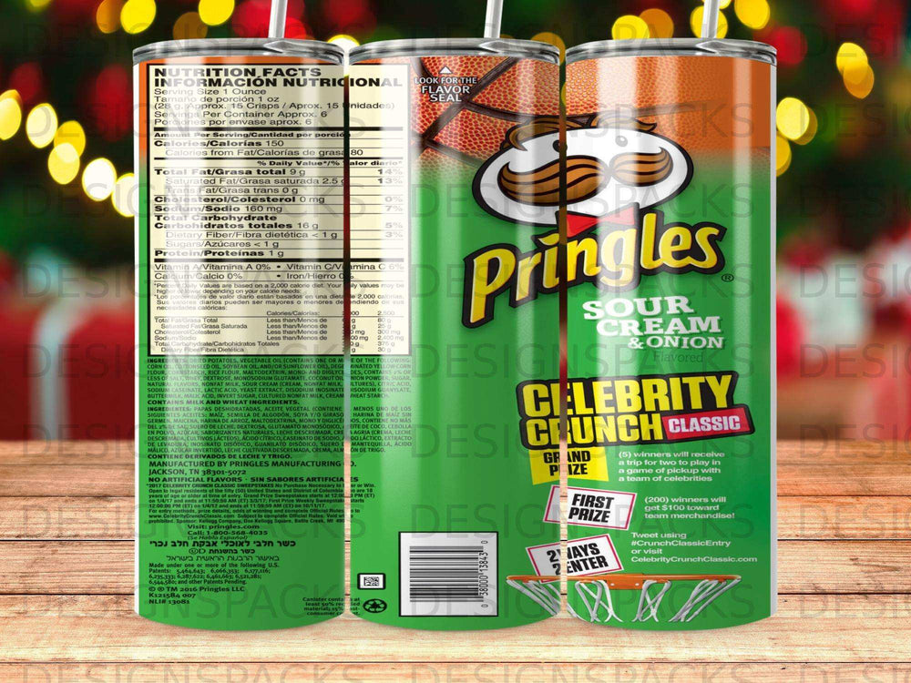 Pringles Sour Cream & Onion crisps canister with nutrition facts and contest details.