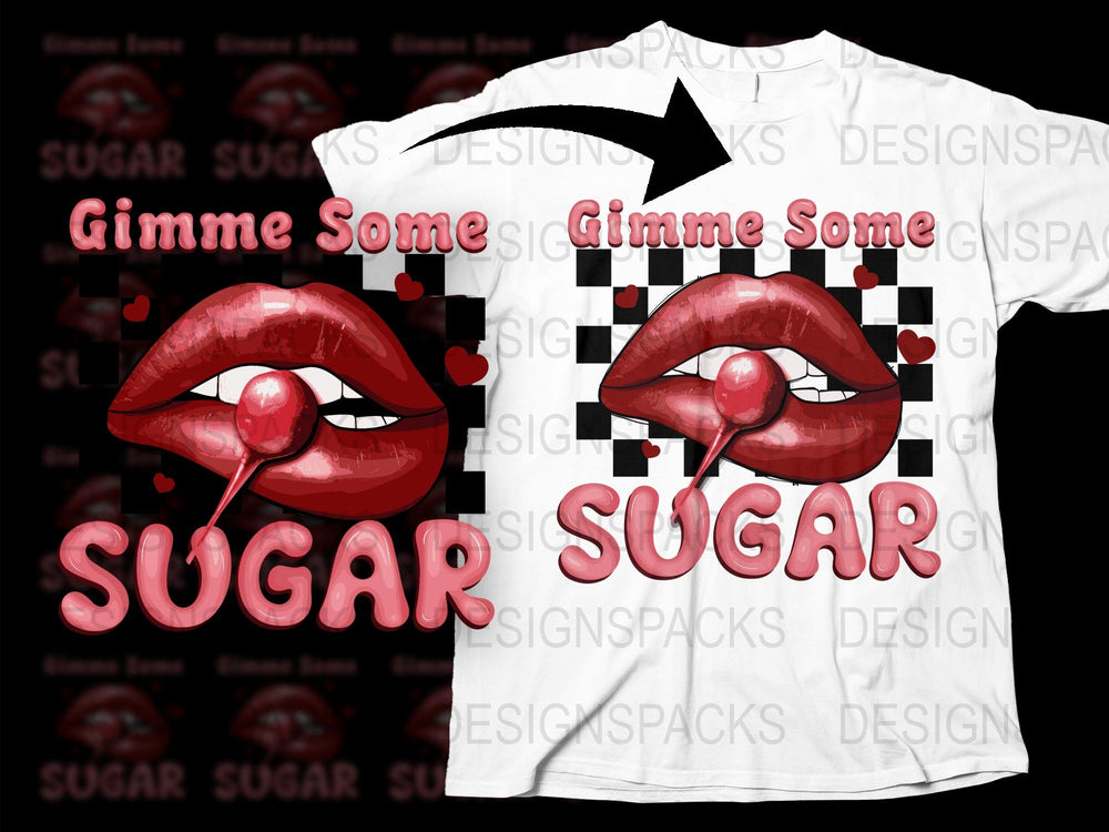 Pop Art Style Lip Graphic T-Shirt, Bold Red Lips 'Gimme Some Sugar' Tee, Trendy Checker Pattern, Unique Gift Idea