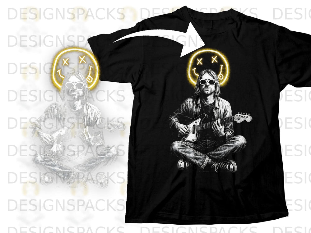 Black t-shirt with Nirvana smiley face and grunge artist playing guitar graphic.