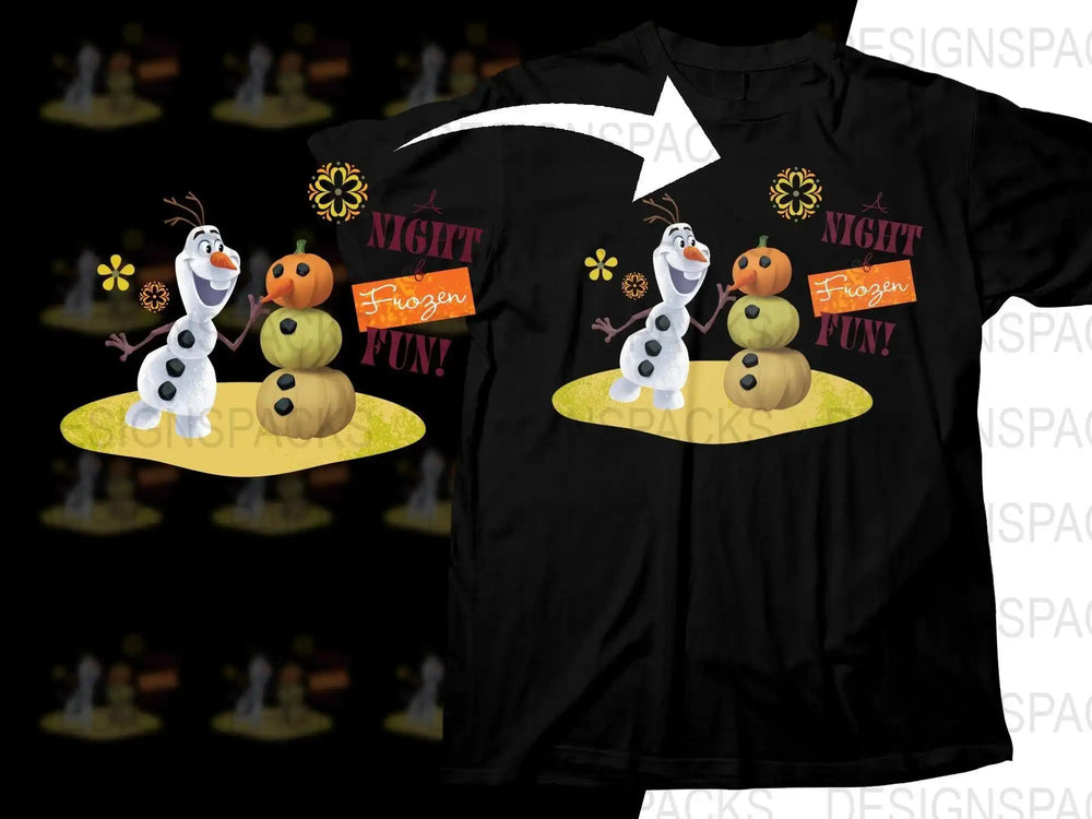 Olaf with pumpkin snowman design on black t-shirt, 'A Night of Frozen Fun!' text, Halloween theme