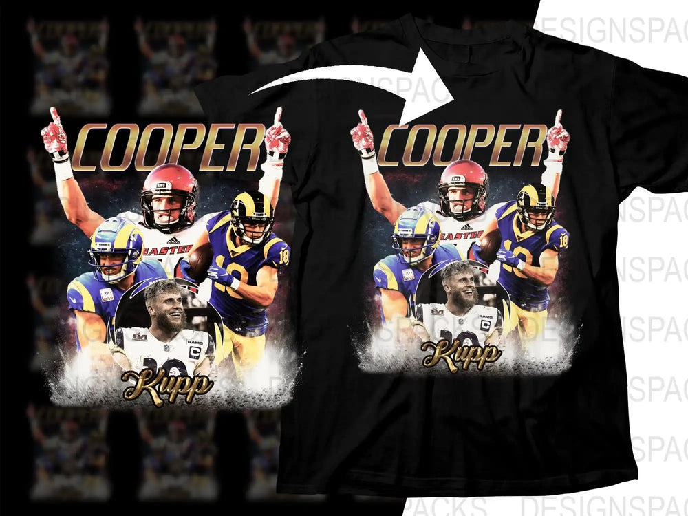 Cooper Kupp football player design on black t-shirt, featuring action poses and team colors