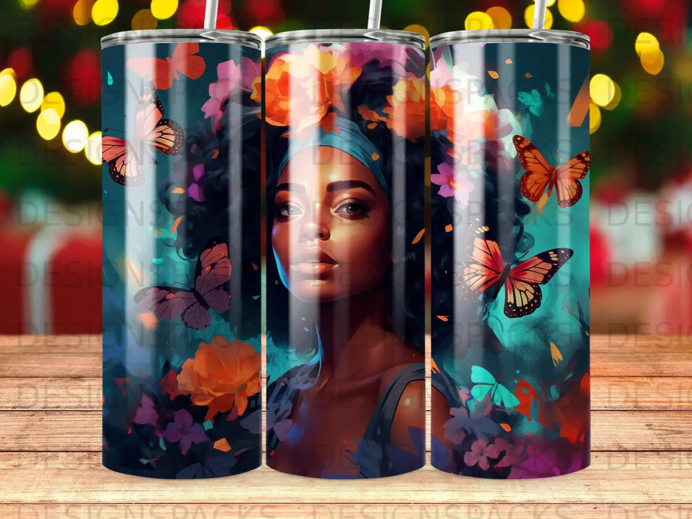 Woman with butterflies and flowers, vibrant colors, against dark background.
