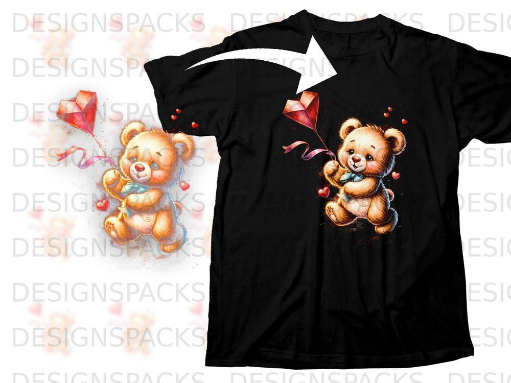 Teddy bear holding a heart-shaped kite on a black t-shirt.