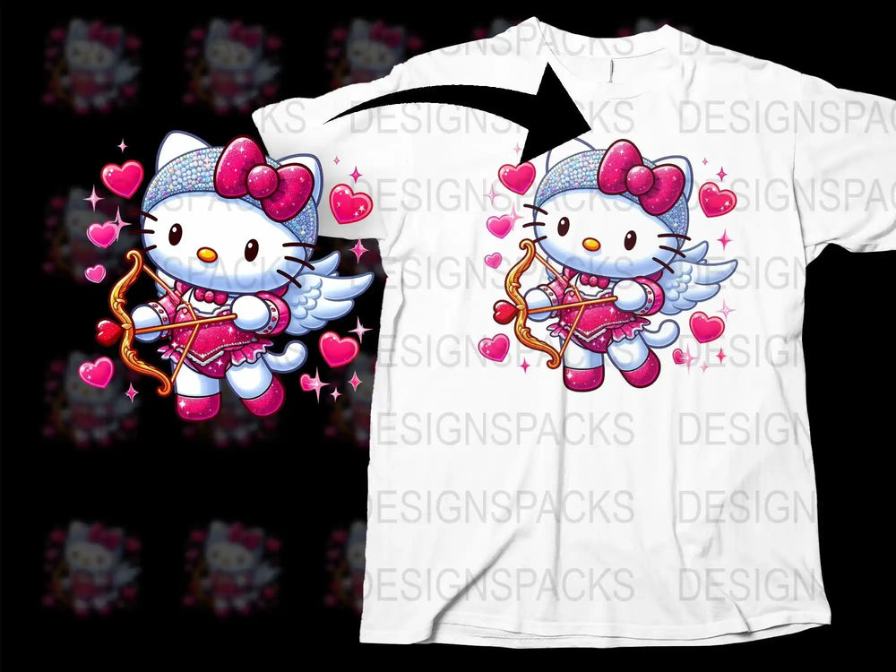 Cupid Hello Kitty with bow, hearts, and wings on white t-shirt design