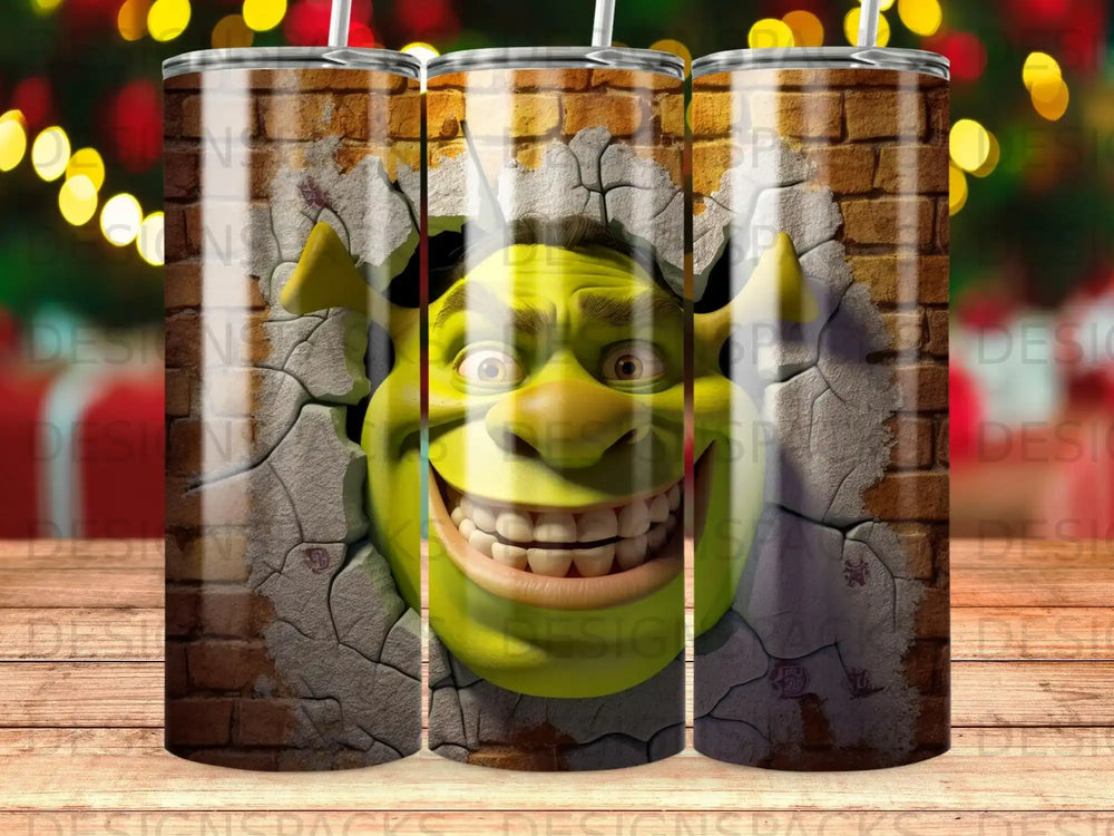 Shrek's face breaking through a brick wall, smiling.
