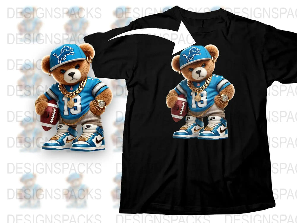 Teddy bear in Detroit Lions jersey holding football, printed on black t-shirt