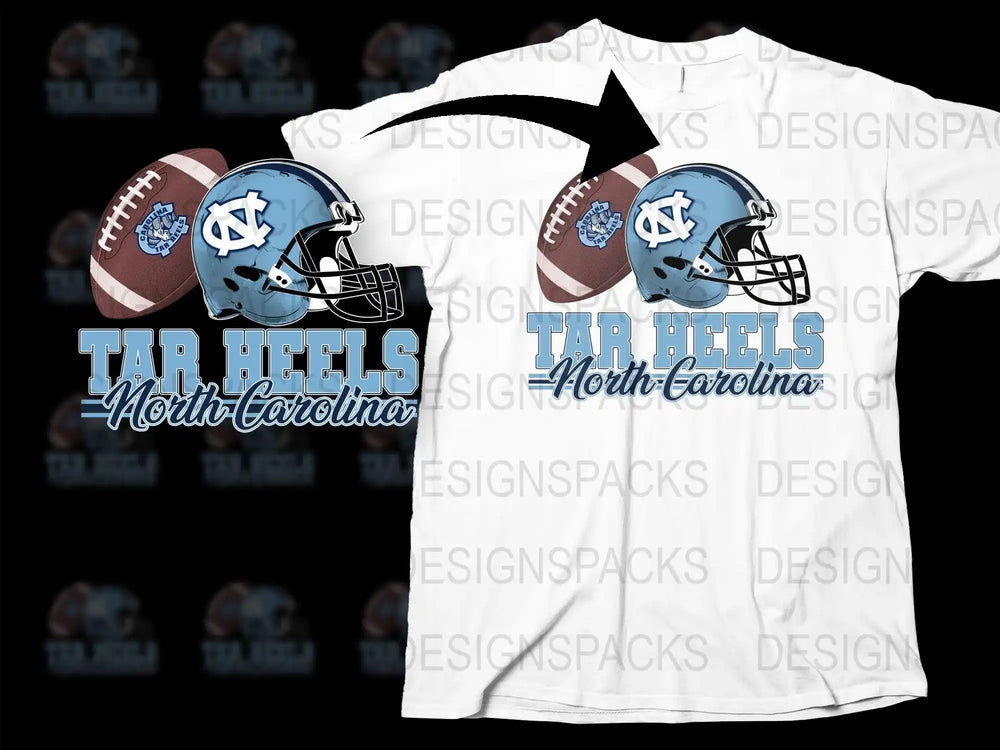Tar Heels North Carolina football helmet and ball design on white t-shirt