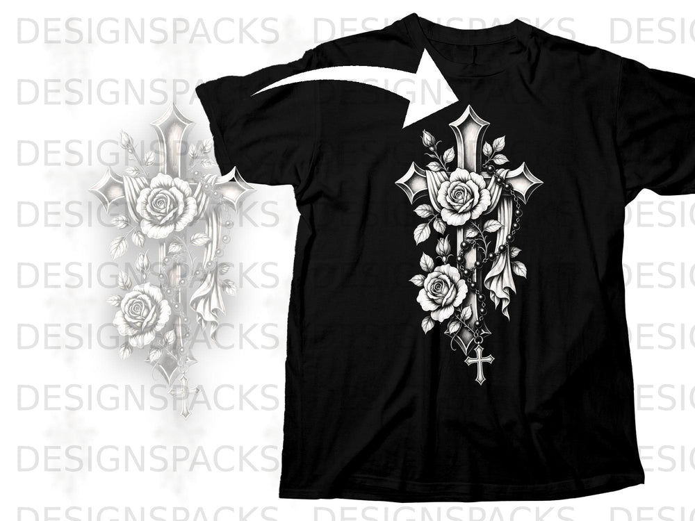 Black t-shirt with a detailed cross and rose graphic design.