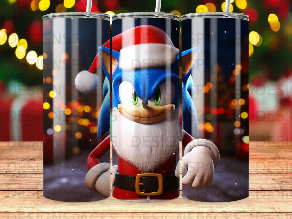 Sonic the Hedgehog wearing a Santa hat and suit on a holiday-themed tumbler.