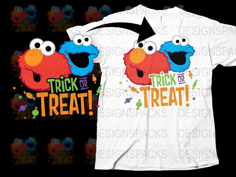 Elmo and Cookie Monster Trick or Treat Halloween T-shirt design with colorful candies