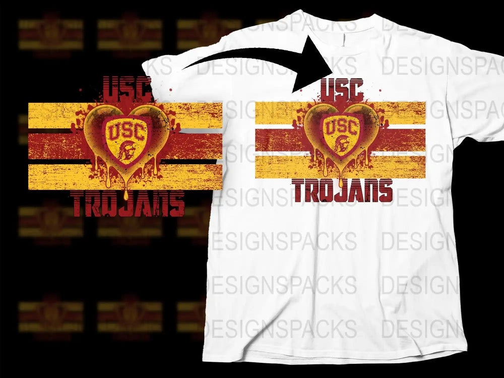 USC Trojans heart logo t-shirt design with distressed stripes, print-ready for DTF DTG