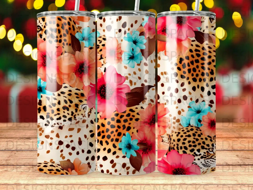 Leopard print and colorful floral pattern on a tumbler.