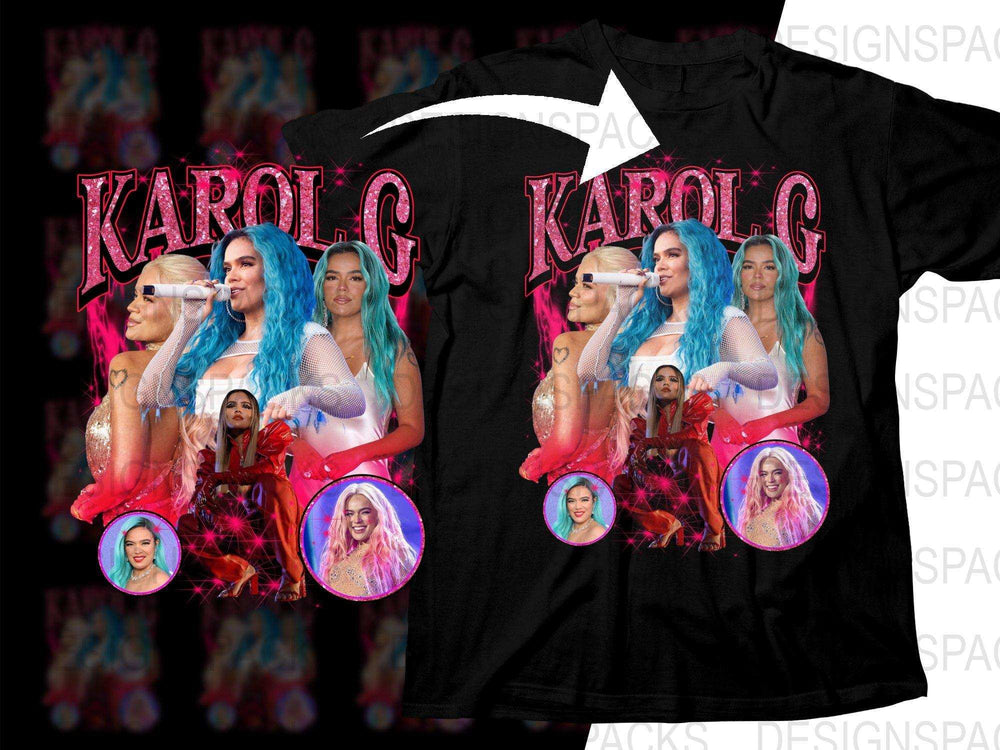Karol G concert-themed t-shirt design with glitter text and vibrant portraits for DTF/DTG printing