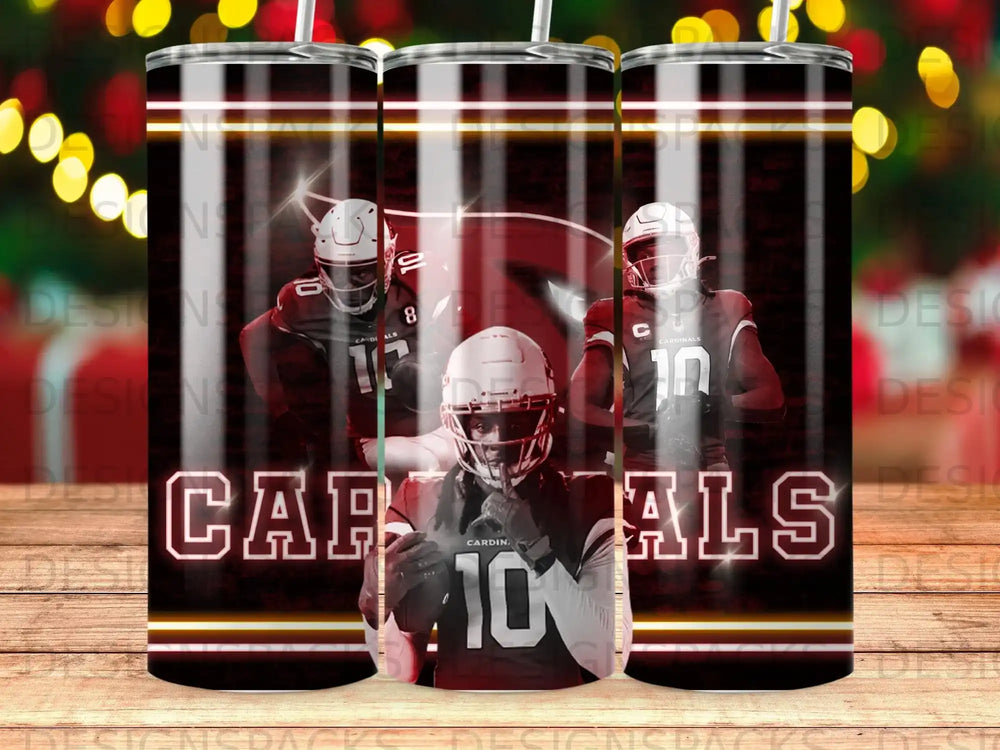 Arizona Cardinals players on a red and black themed tumbler with glowing lights.