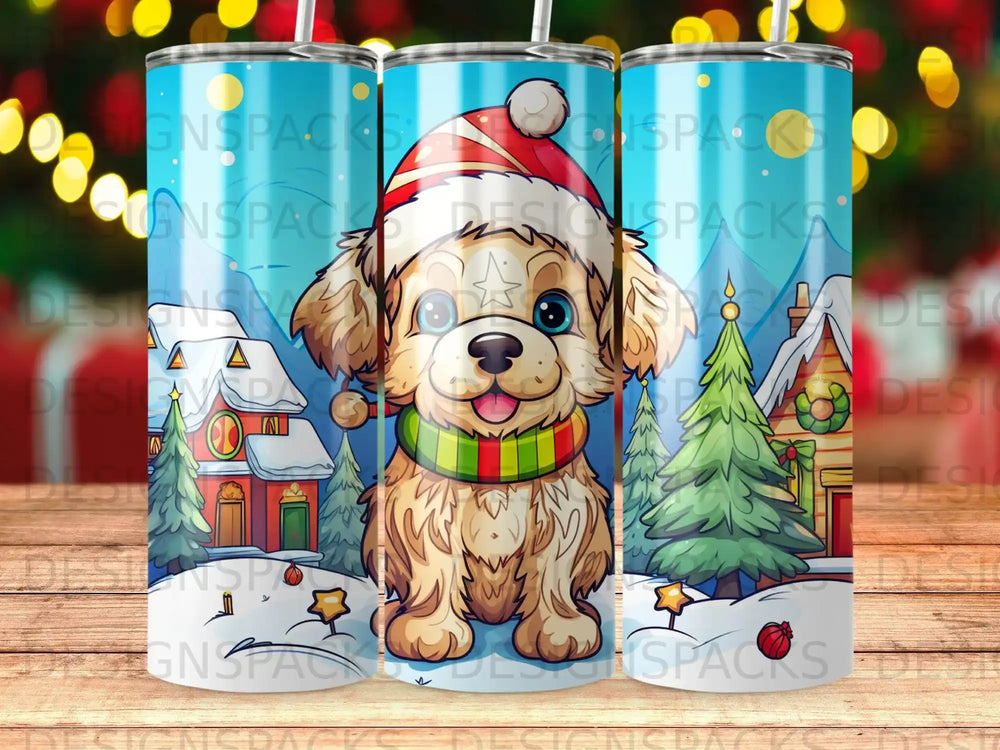 Cartoon dog in Santa hat and scarf, surrounded by snowy houses and trees.
