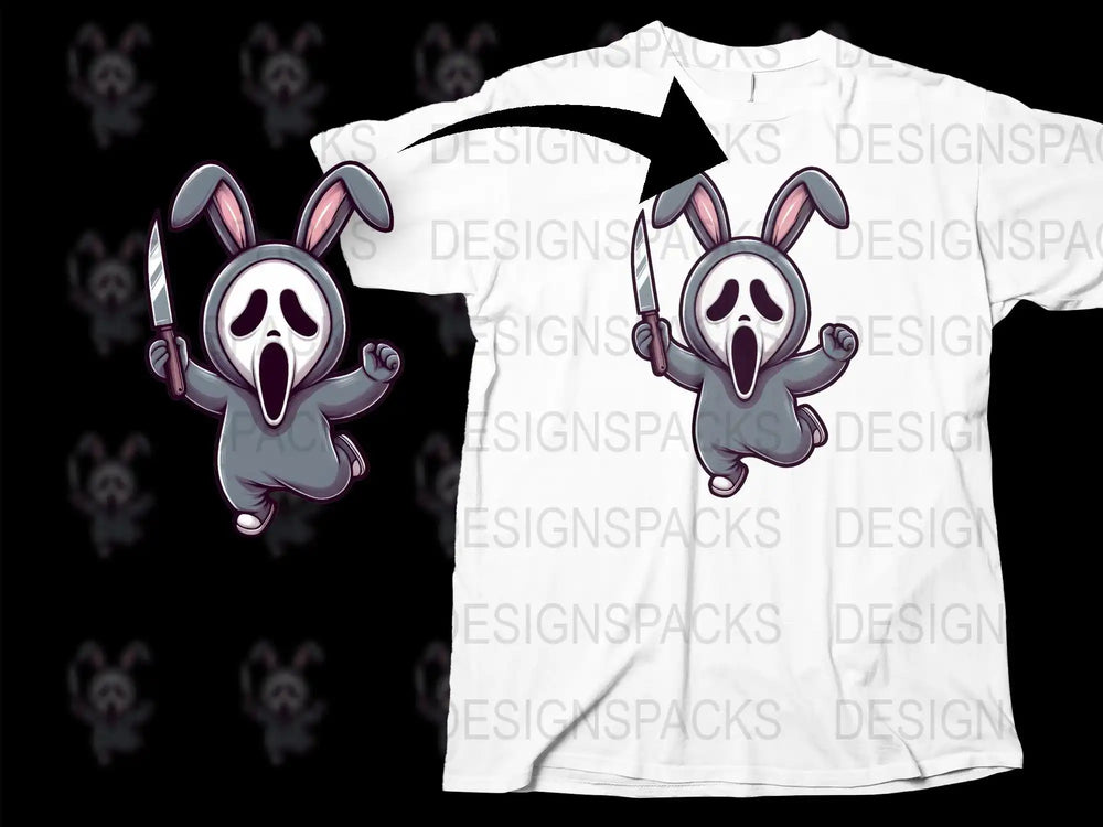 Cute bunny in Scream mask holding knife, print-ready PNG for t-shirts, DTF/DTG designs
