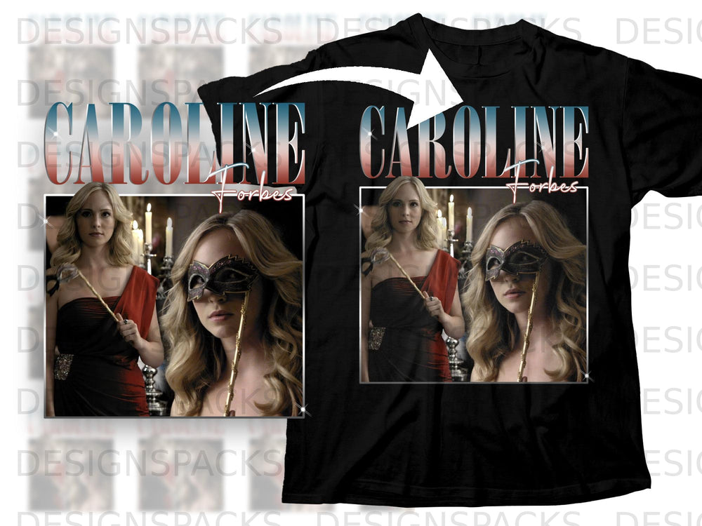 Black t-shirt with "CAROLINE Forbes" design featuring two images of a woman in a mask.