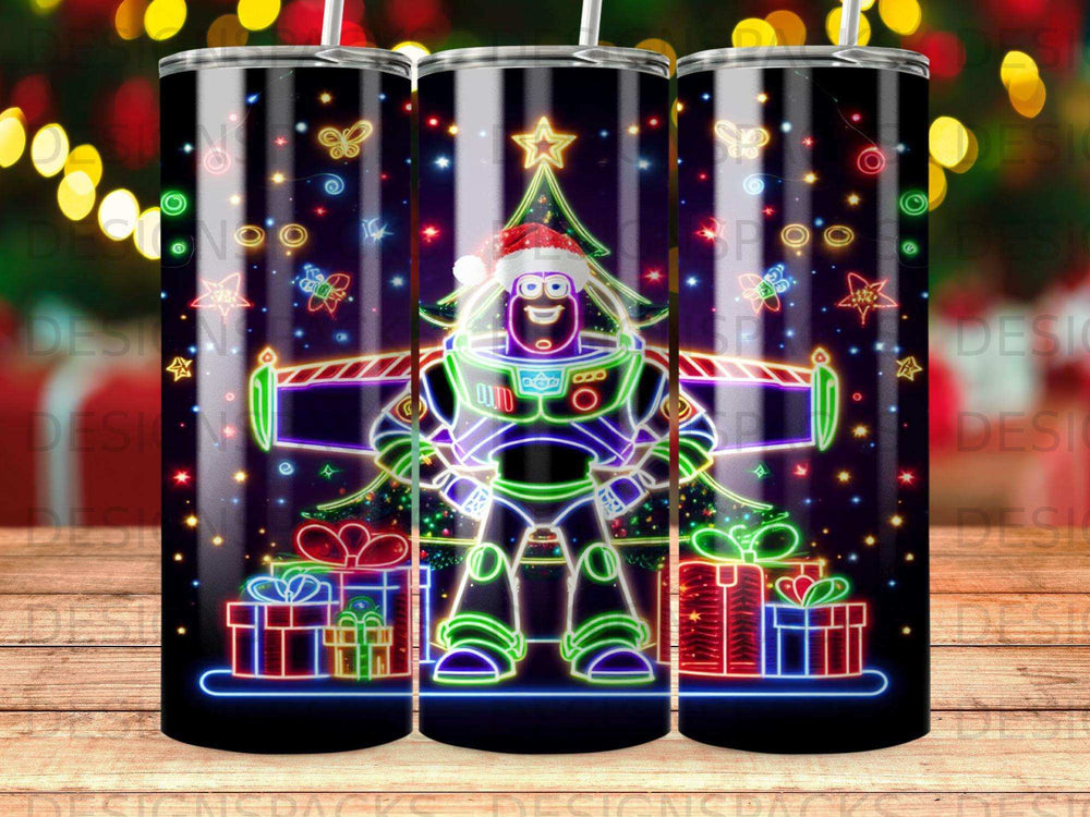 Buzz Lightyear in a Santa hat with neon lights and Christmas tree.