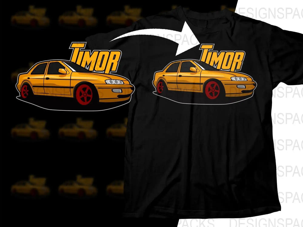 Yellow car graphic with 'Timor' text on black t-shirt, print-ready design for DTG/DTF