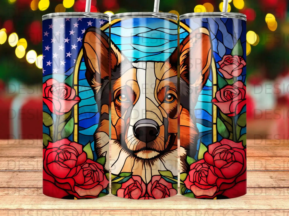 Stained glass style portrait of a corgi with red roses and an American flag background.