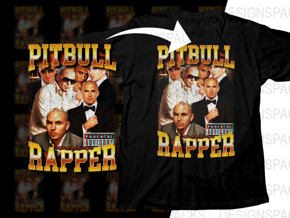 Pitbull American Rapper t-shirt design with bold gold text and group portrait, print-ready for DTG/DTF.