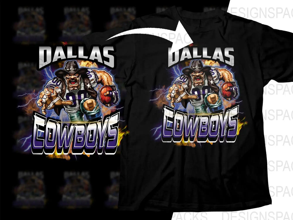 Dallas Cowboys football design on black t-shirt with bold graphics and lightning effects