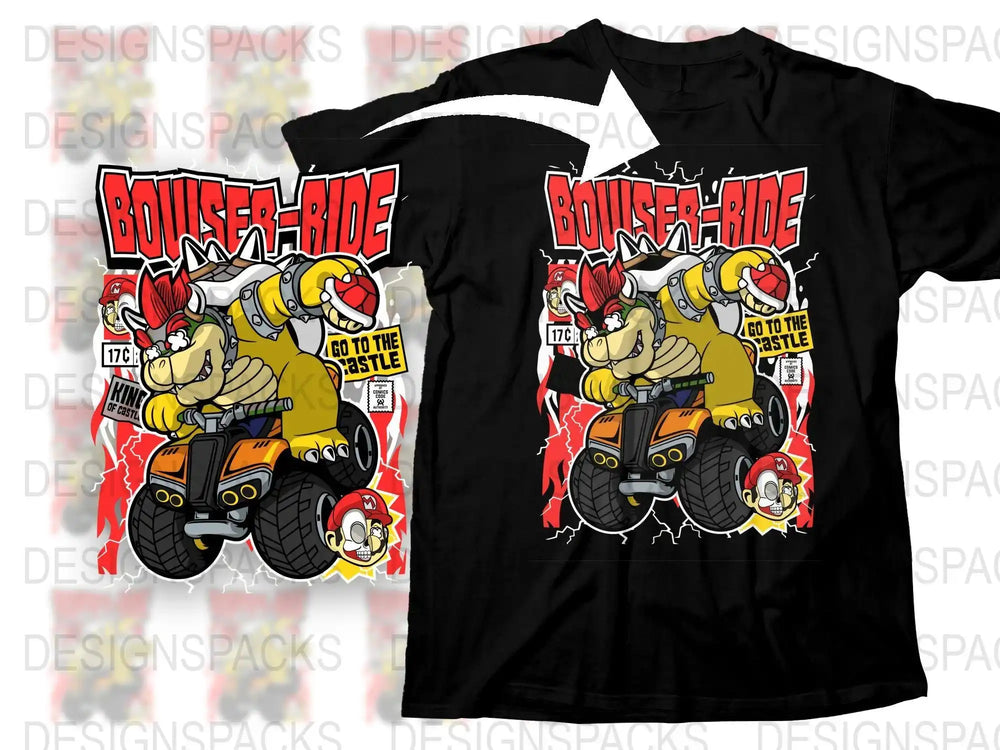 Bowser riding ATV with 'Bowser-Ride' text, Mario skull, comic style, print-ready design for t-shirts