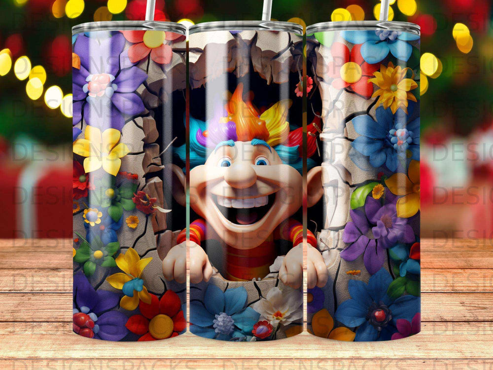 Cartoon character with colorful hair bursts through a floral backdrop.