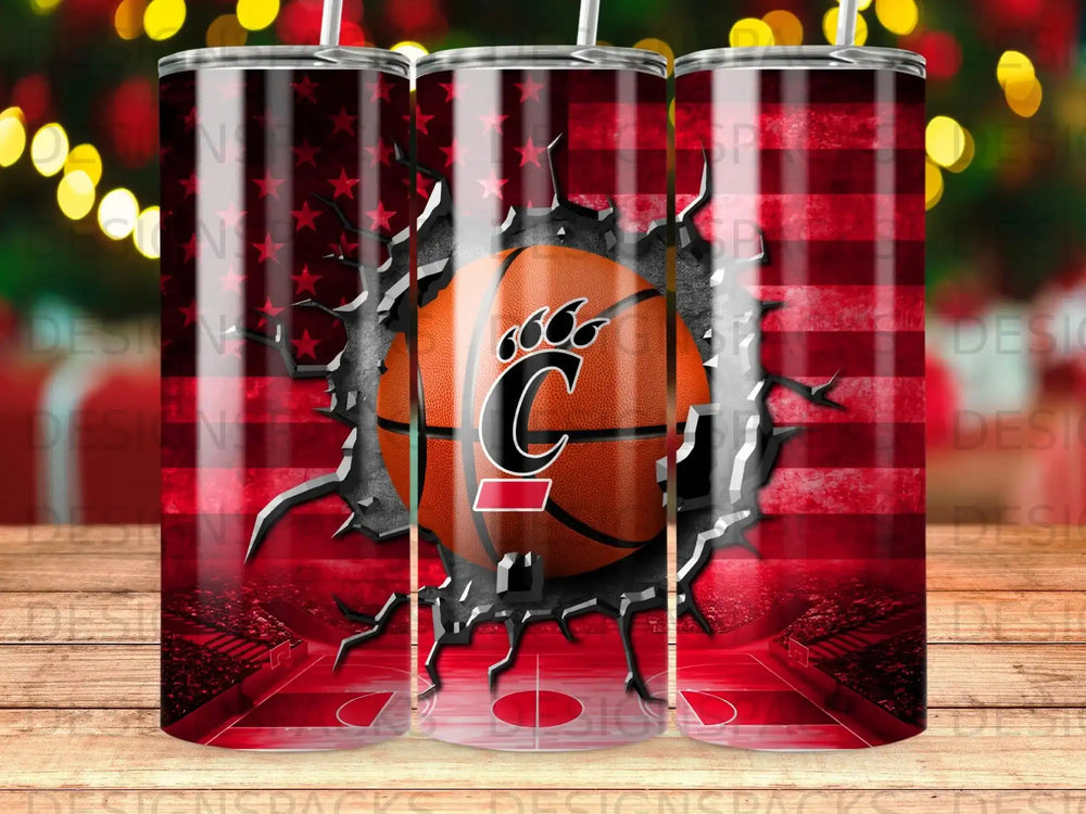 Cincinnati Bengals basketball on ripped American flag background with court.