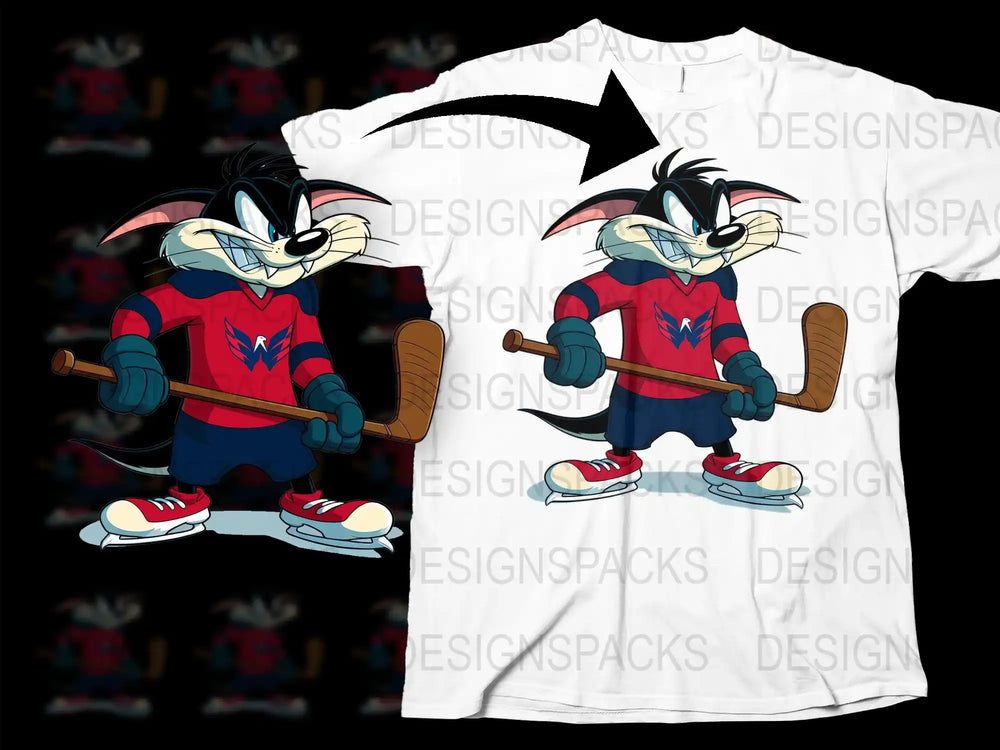 Sylvester the Cat in hockey jersey holding stick, printed on white t-shirt, DTF/DTG design ready