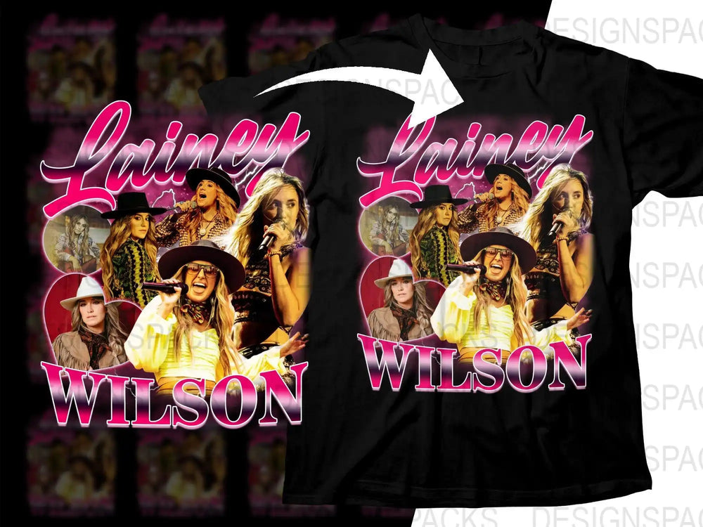 Lainey Wilson concert t-shirt design with vibrant pink text and multiple performance images