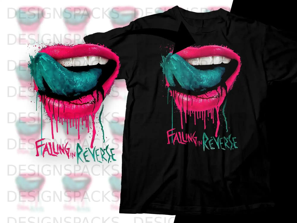 Black t-shirt with pink lips, blue tongue, and "Falling In Reverse" logo.