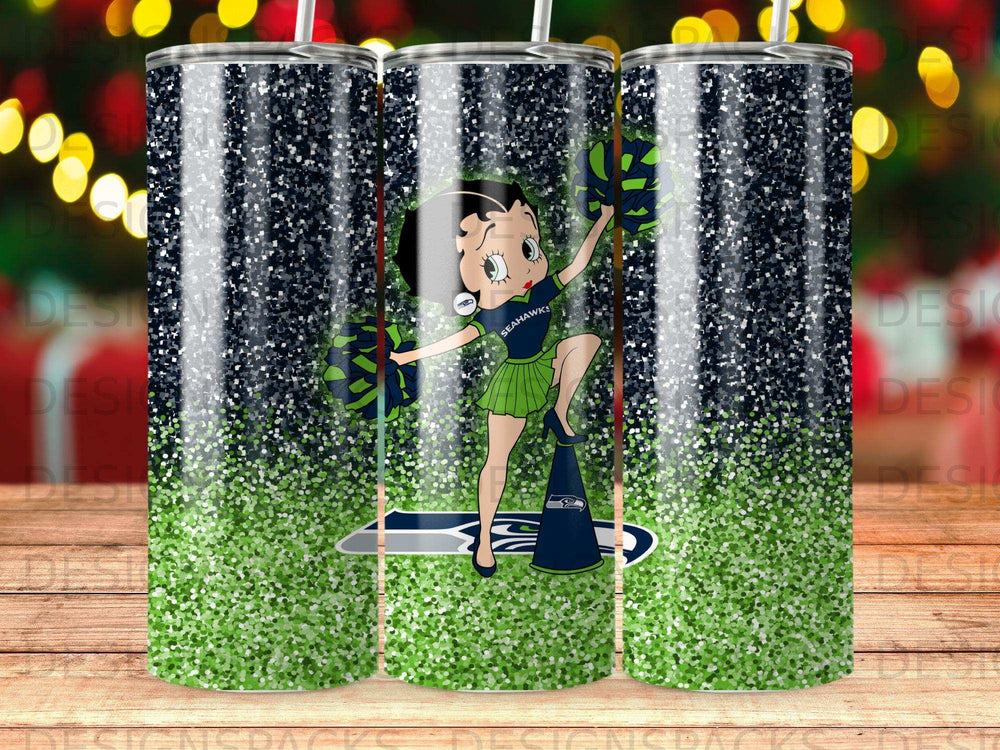 Betty Boop as a Seattle Seahawks cheerleader on a glittery tumbler.