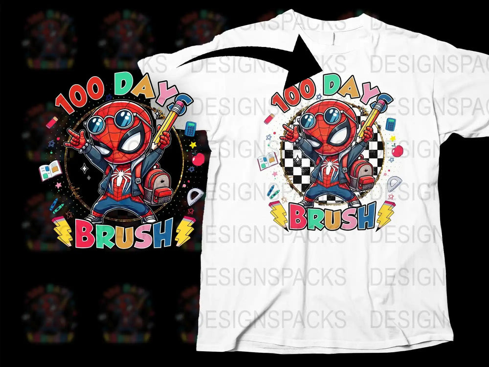 Chibi Spider-Man 100 Days of School design with 'BRUSH' text, perfect for DTF/DTG t-shirts and print-ready bundles.