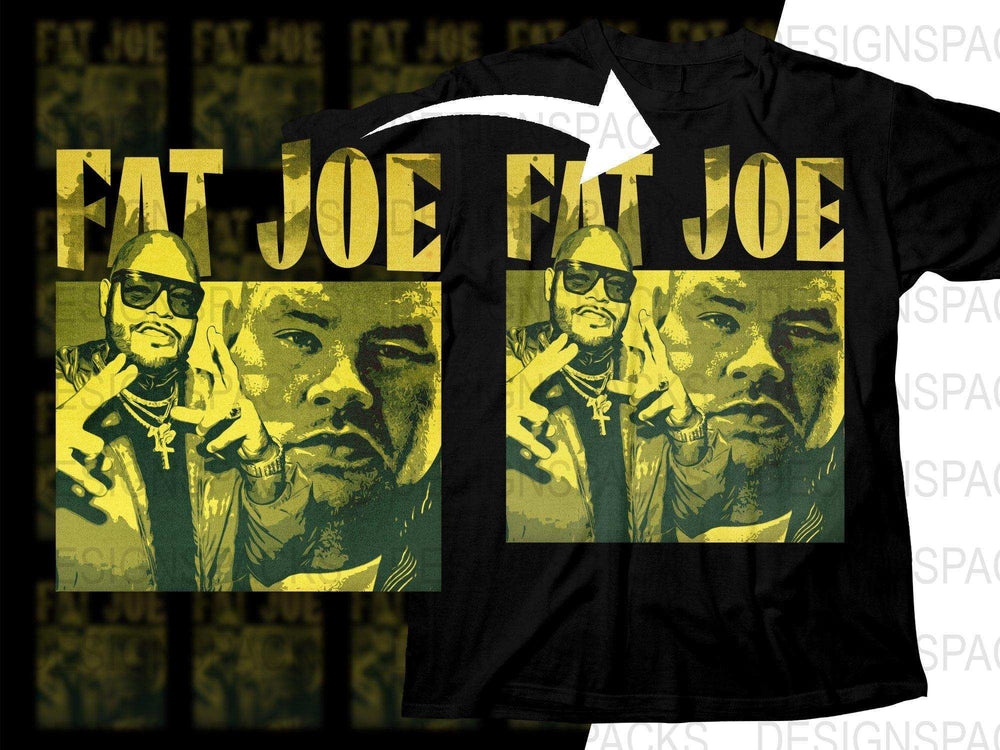 Fat Joe graphic t-shirt design with bold yellow text and portrait print, ideal for DTF/DTG printing