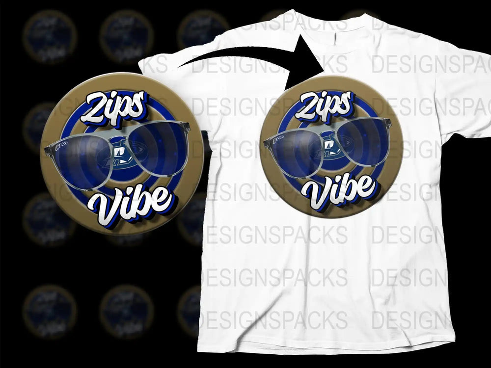 Zips Vibe t-shirt design with sunglasses and blue circular graphic, print-ready for DTG or DTF
