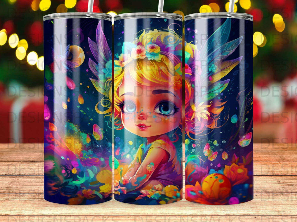 Fantasy girl with wings, vibrant colors, butterflies, and sparkles.