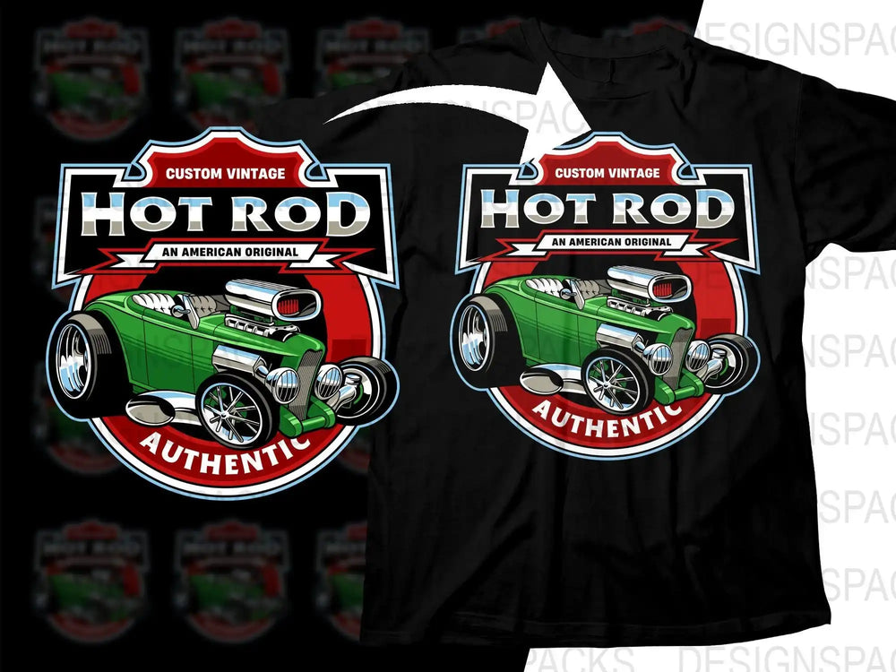 Custom vintage hot rod t-shirt design with green classic car, authentic American original graphic for DTG/DTF printing