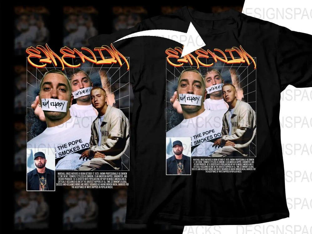 Eminem-themed black t-shirt with bold graphic design, featuring iconic images and text for fans.