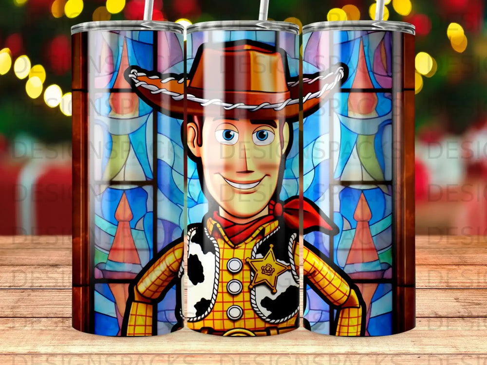 Woody from Toy Story in stained glass pattern on a tumbler.