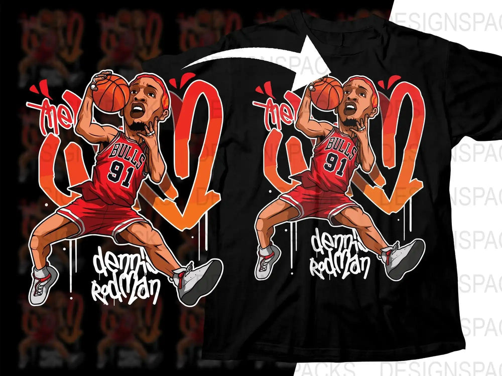 Dennis Rodman basketball design on black t-shirt, print-ready PNG for DTF/DTG