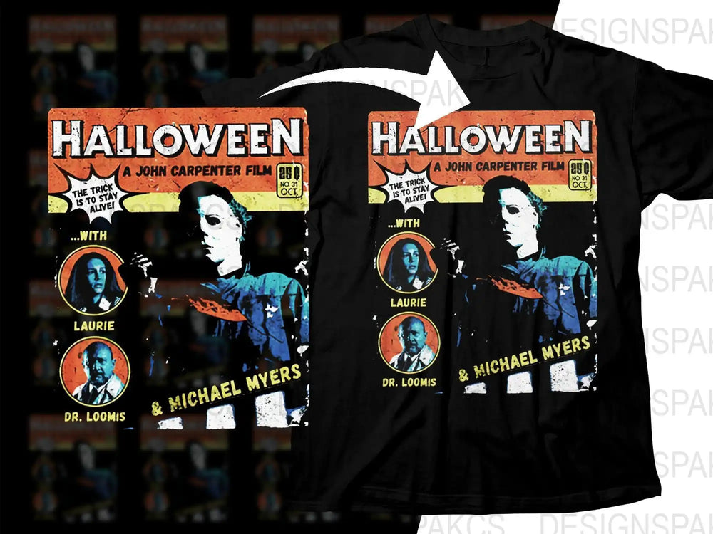 Halloween movie poster design on black t-shirt featuring Michael Myers, Laurie, and Dr. Loomis
