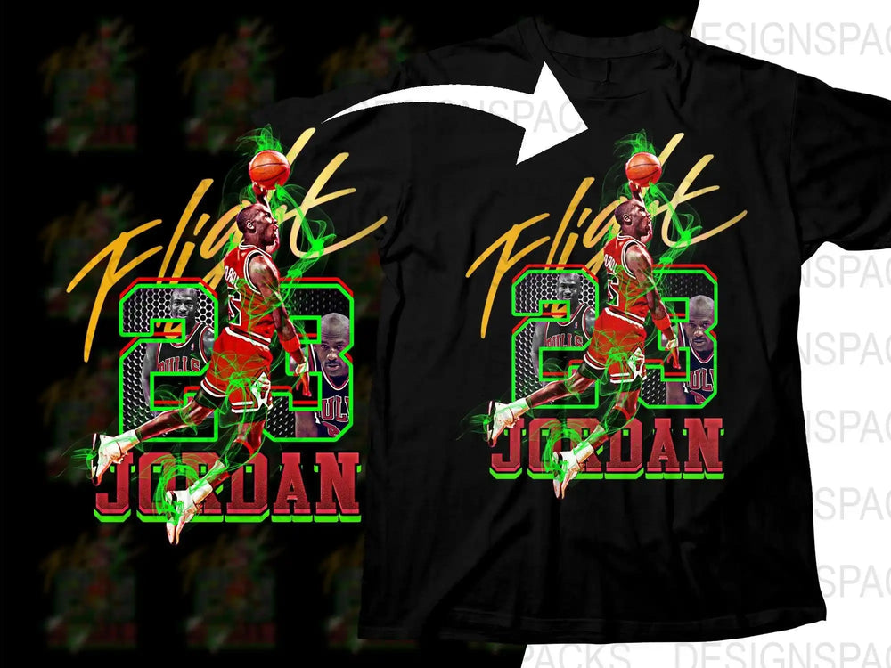 Michael Jordan 23 Flight design on black t-shirt, vibrant green and red graphics, print-ready