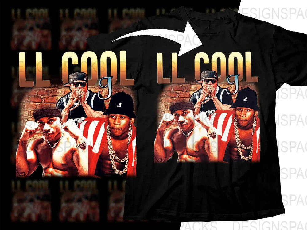 LL Cool J graphic t-shirt design with bold text and iconic rap imagery, print-ready for DTF DTG