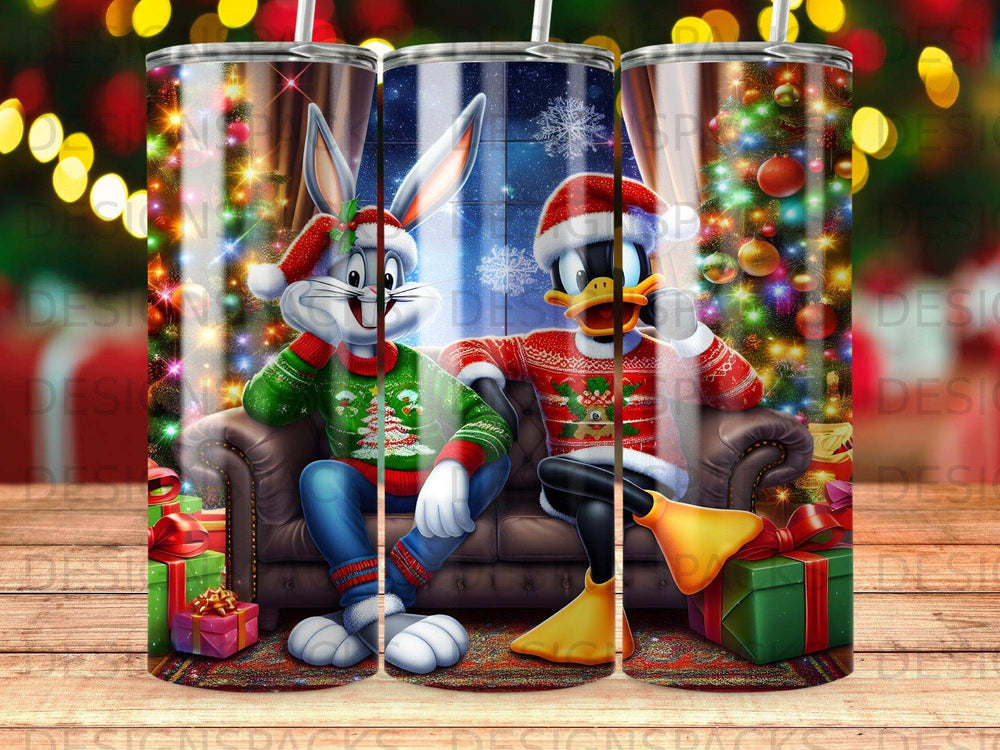 Bugs Bunny and Daffy Duck in festive sweaters sitting on a couch with Christmas gifts.