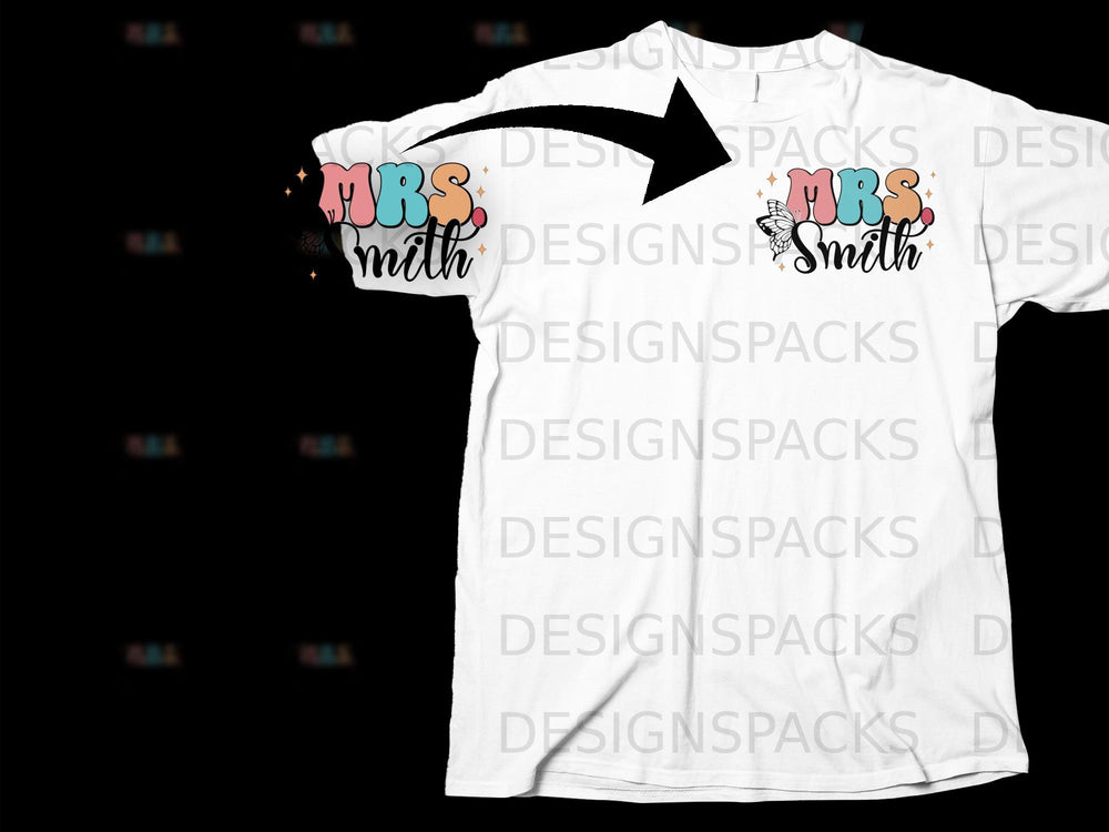 White t-shirt with "MRS Smith" graphic and butterfly detail.
