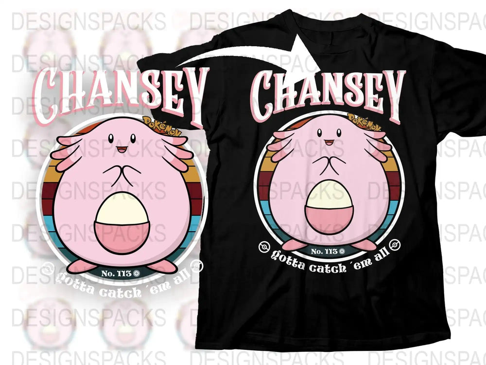 Chansey Pokémon design on black t-shirt, No. 113, 'Gotta catch 'em all' print-ready graphic