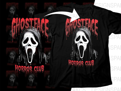 Ghostface Horror Club t-shirt design with dripping red text and screaming mask, print-ready for DTG or DTF