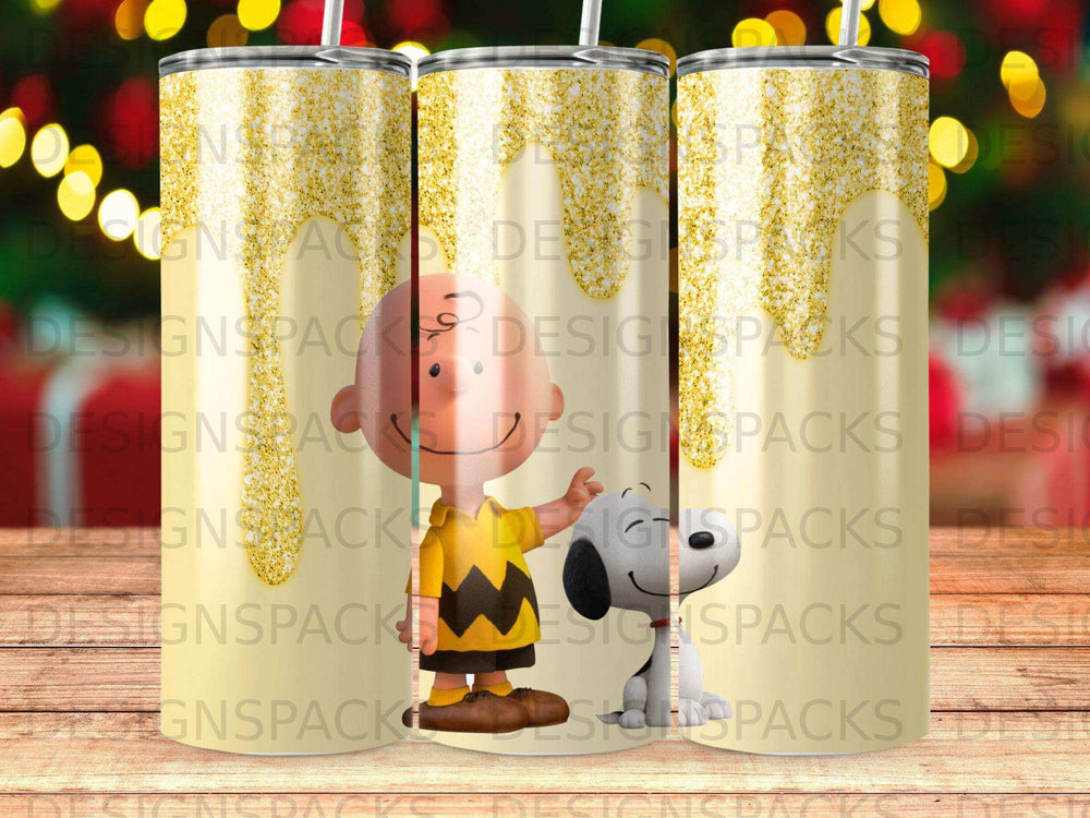 Snoopy and Charlie Brown characters on a gold glitter tumbler.