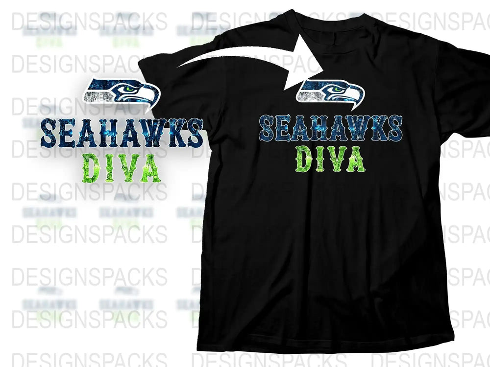 Seahawks Diva T-Shirt, Sparkling Green and Blue Text, Sports Fan Apparel for Women, Trendy Football Fashion Top